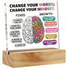 Acrylic desk sign showing a comparison between fixed mindset and growth mindset with inspirational quotes