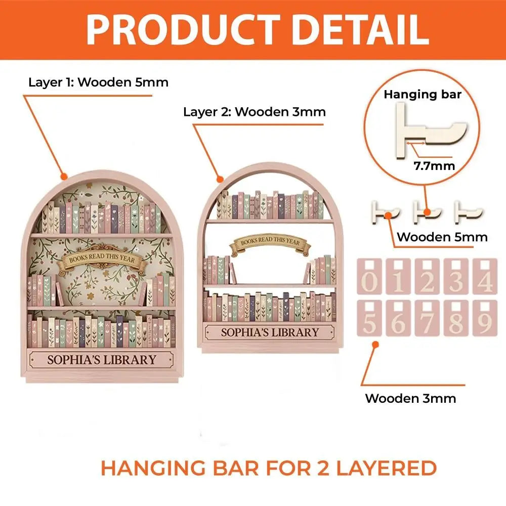 A layered wooden book tracker with two layers, featuring books read and a hanging bar for display.