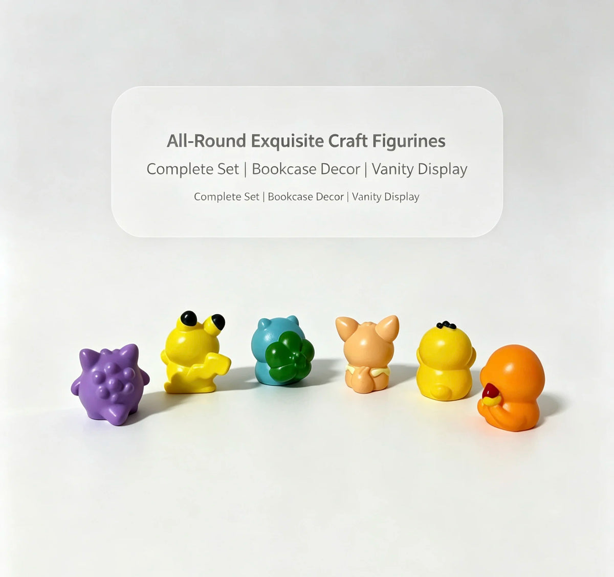 A set of six colorful kawaii figurines featuring fantasy creatures displayed on a white surface.