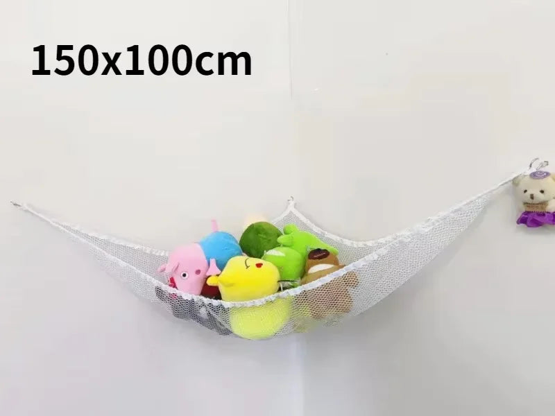 A white mesh storage hammock organizer holding various colorful stuffed animals.