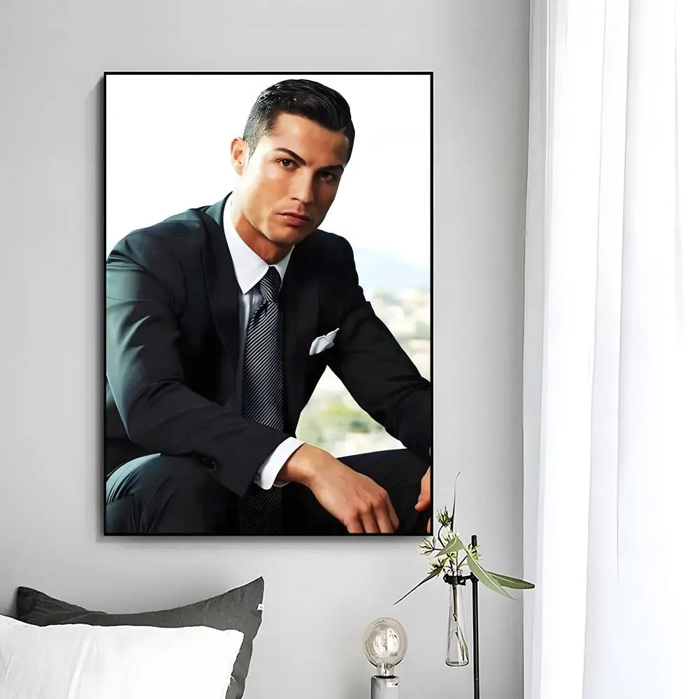 A portrait of Cristiano Ronaldo in a suit, displayed as modern wall art print.