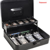 A black lockable metal cash box with an open lid showing organized compartments for currency and keys.