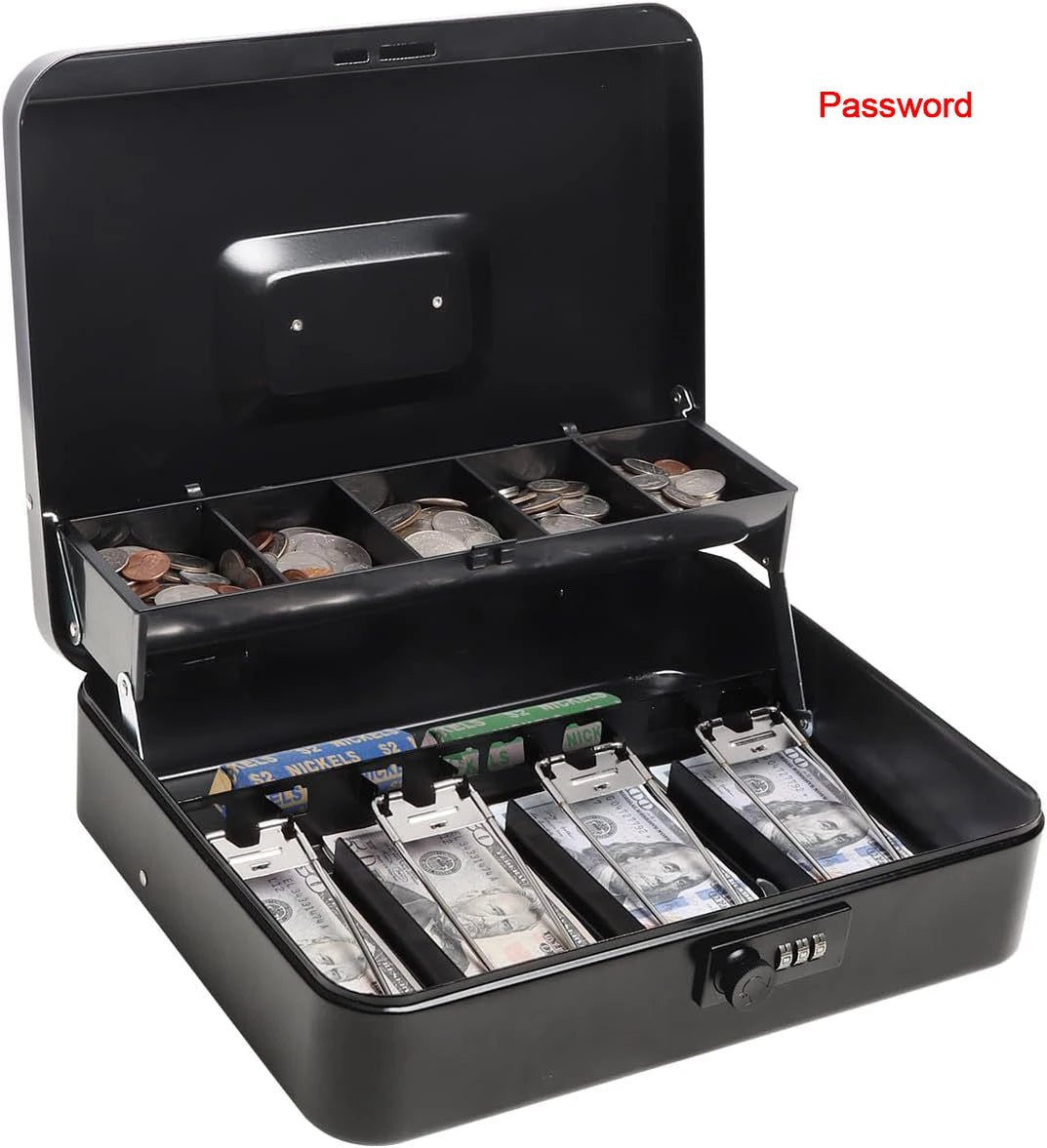 A black lockable metal cash box with an open lid showing organized compartments for currency and keys.
