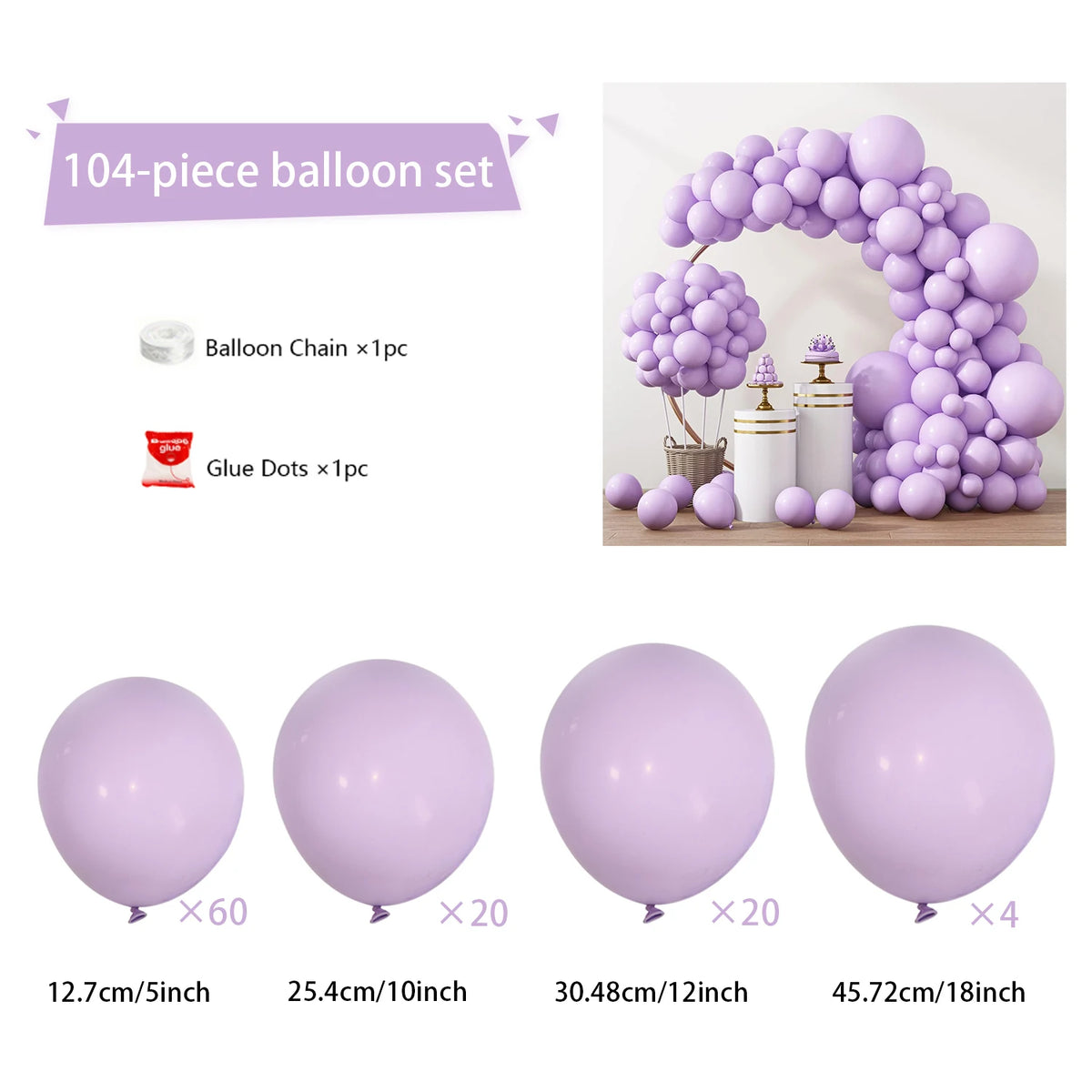 A purple balloon arch kit featuring 104 balloons, a chain, and glue dots for decoration.