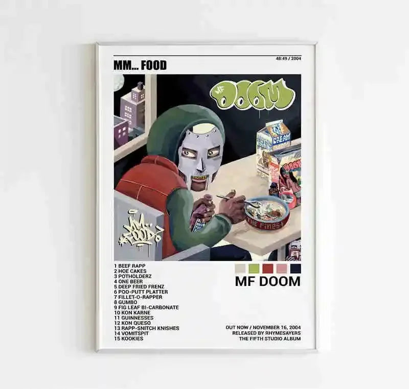 A poster featuring the MF DOOM album art and tracklist on a white background.