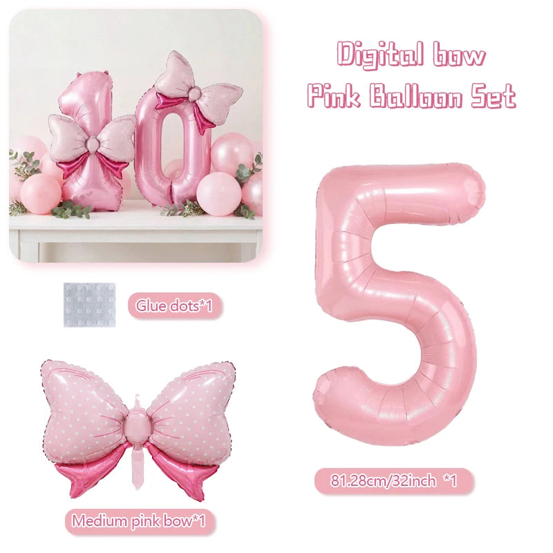 Pink balloon set featuring a large pink number five and a medium pink bow decoration