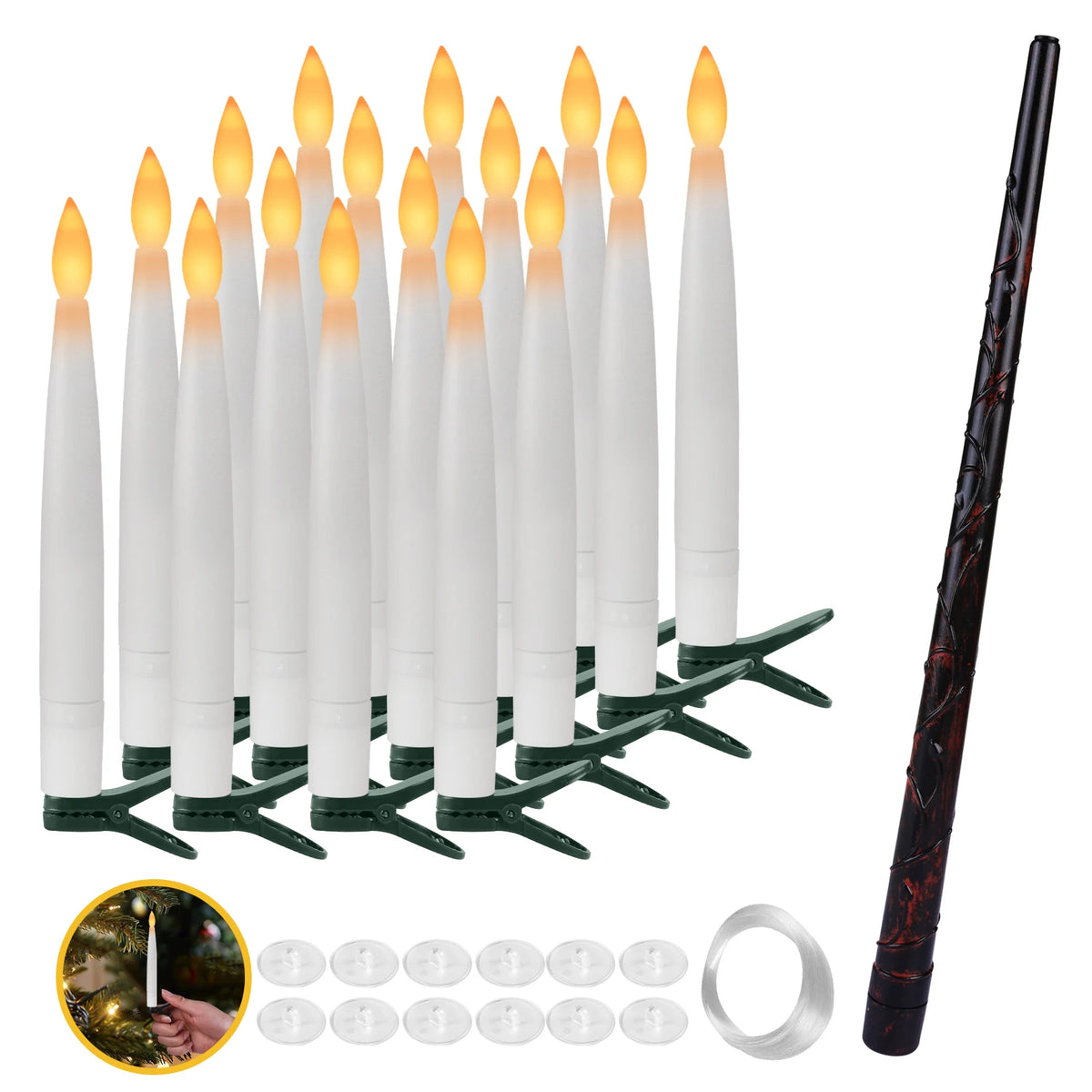 A set of white flameless floating candles with a magic wand remote and a black stick.