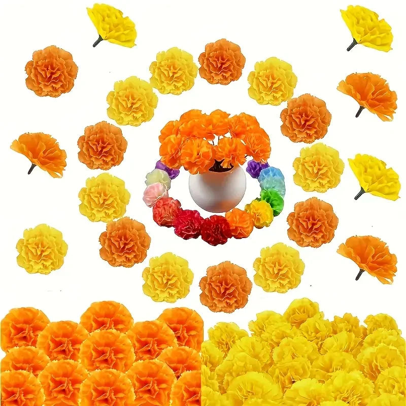 A collection of artificial orange and yellow marigold and carnation flowers for festive decoration.