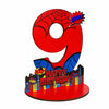 A large red number nine with a spider web design and text that reads Happy Birthday