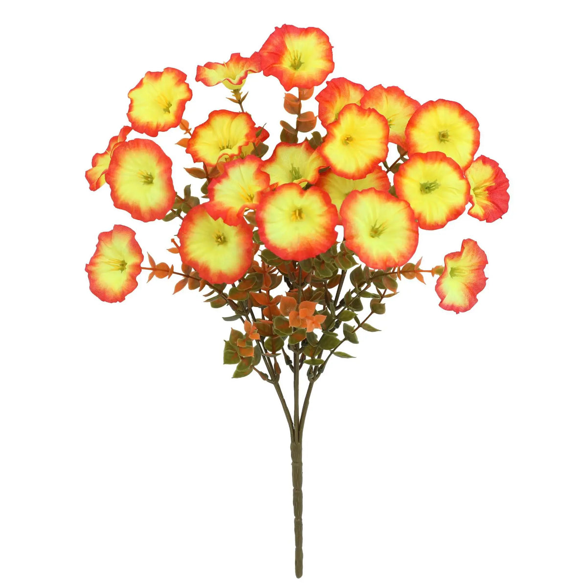 A cluster of eight artificial fall-colored flowers with yellow and red petals on a brown stem.