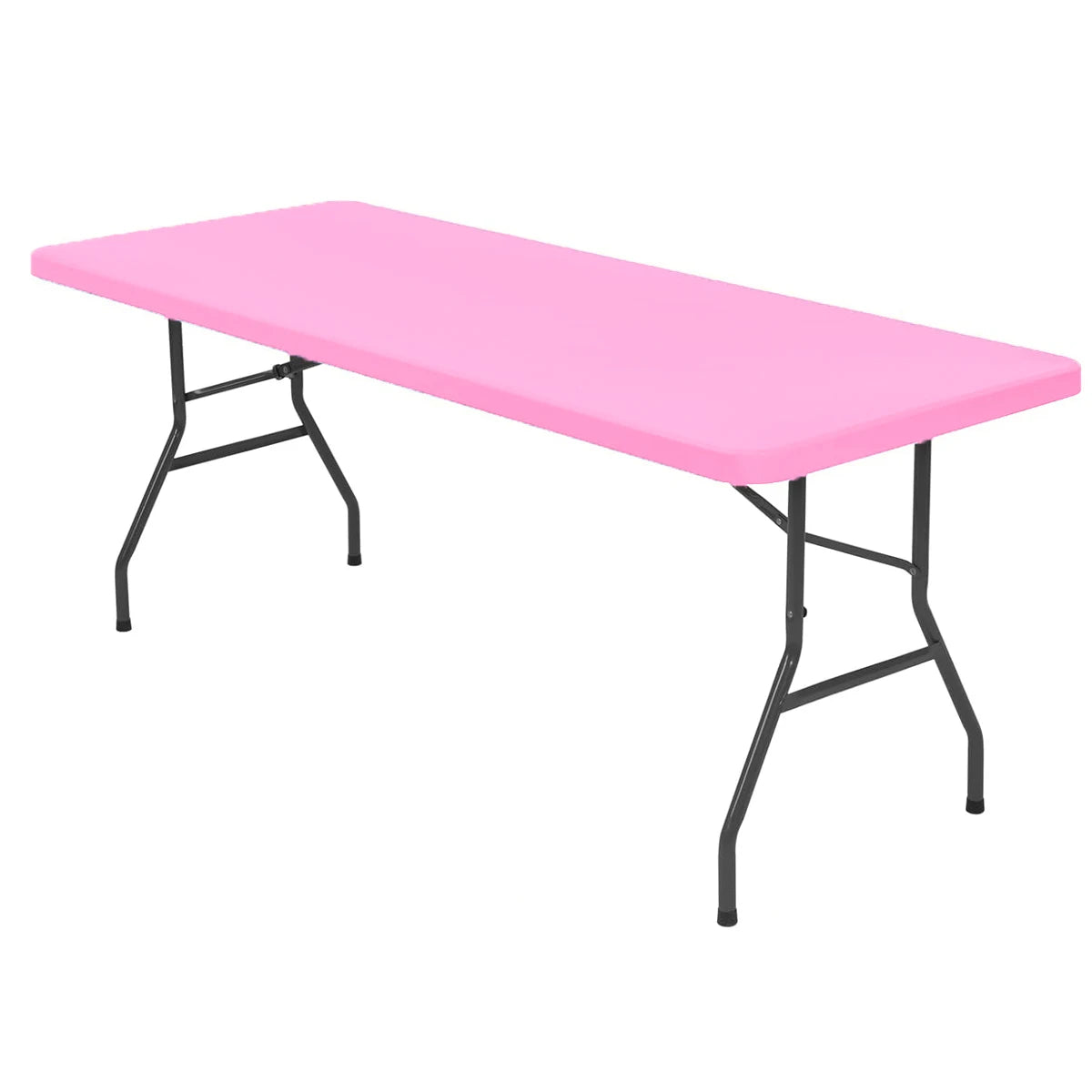 A pink stretch spandex tablecloth set with black metal legs.