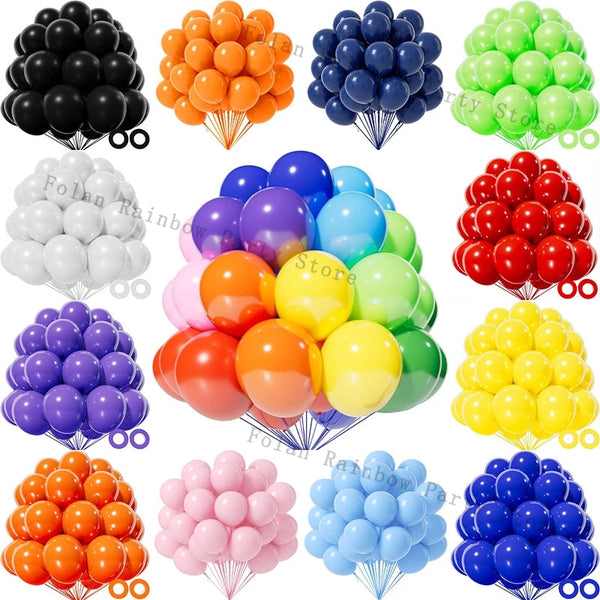 A collection of matte latex balloons in pink and blue colors, including clusters and arrangements.