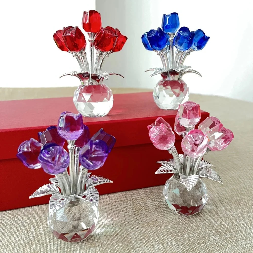 A set of crystal rose decorative flowers in red and blue colors displayed on a red box.