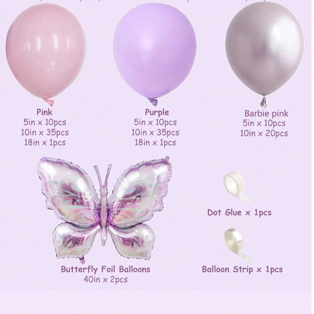 A kit featuring pink and purple balloons, butterfly foil balloons, and dot glue for crafting.