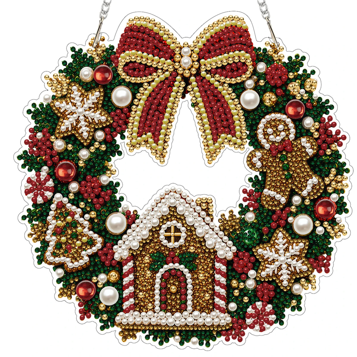 An LED-illuminated diamond painting wreath kit featuring a festive Christmas design with red, gold, and green elements.