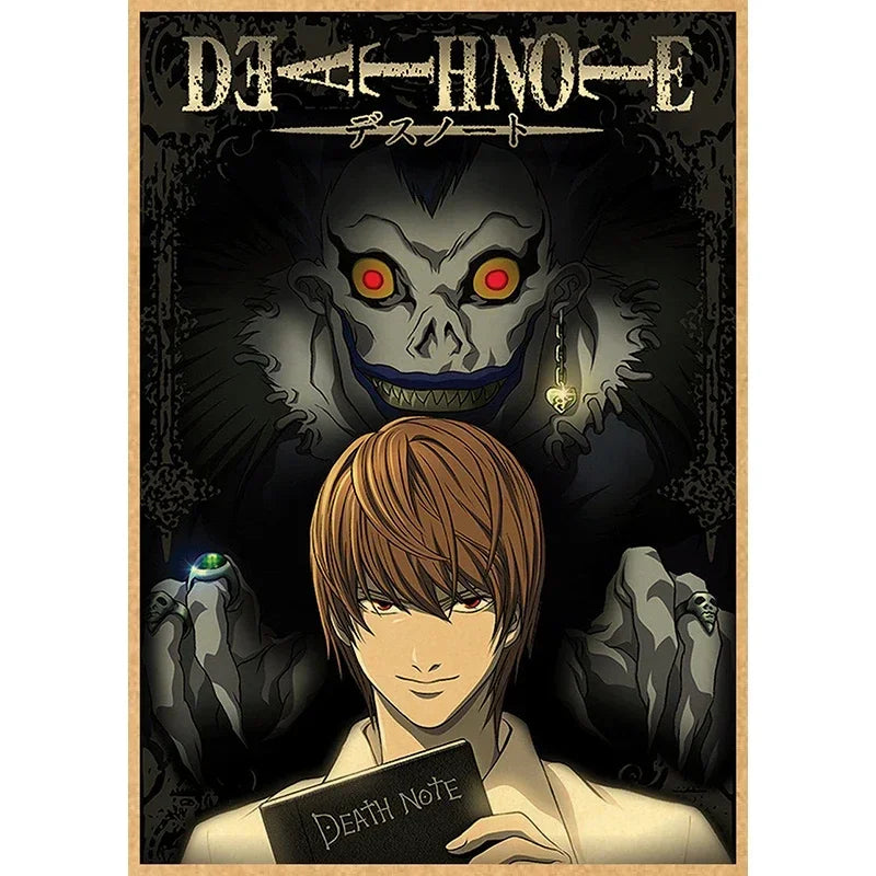 A dark anime illustration featuring a menacing skull face above a young man with brown hair looking forward.