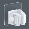 A white adhesive wall hook designed to hold mops and brushes, mounted on a clear acrylic panel.