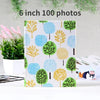 A square photo album cover featuring a pattern of stylized green and yellow trees on a light background.