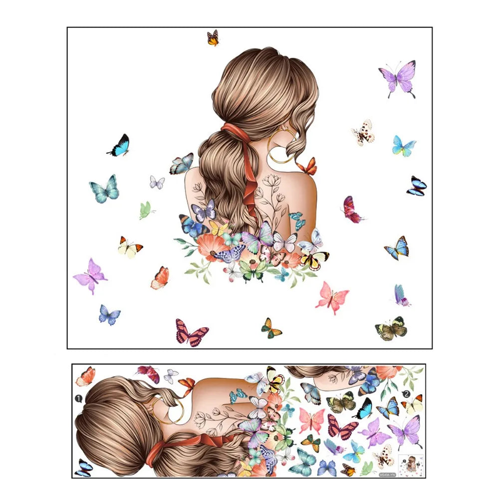 A close-up of a woman with flowing hair and skin decorated with colorful butterflies and flowers.