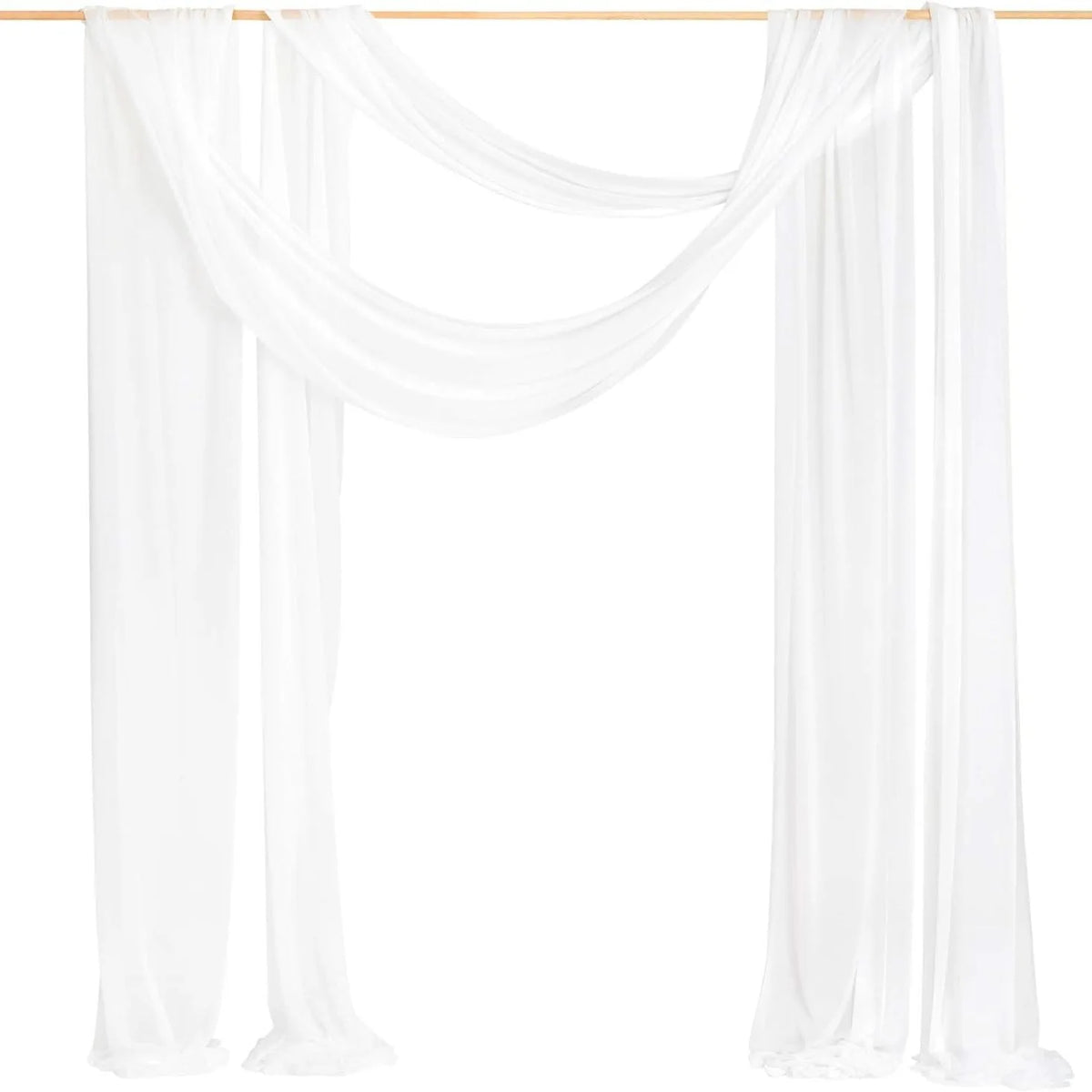 White chiffon arch drapes hanging from a rod, used for weddings and events.