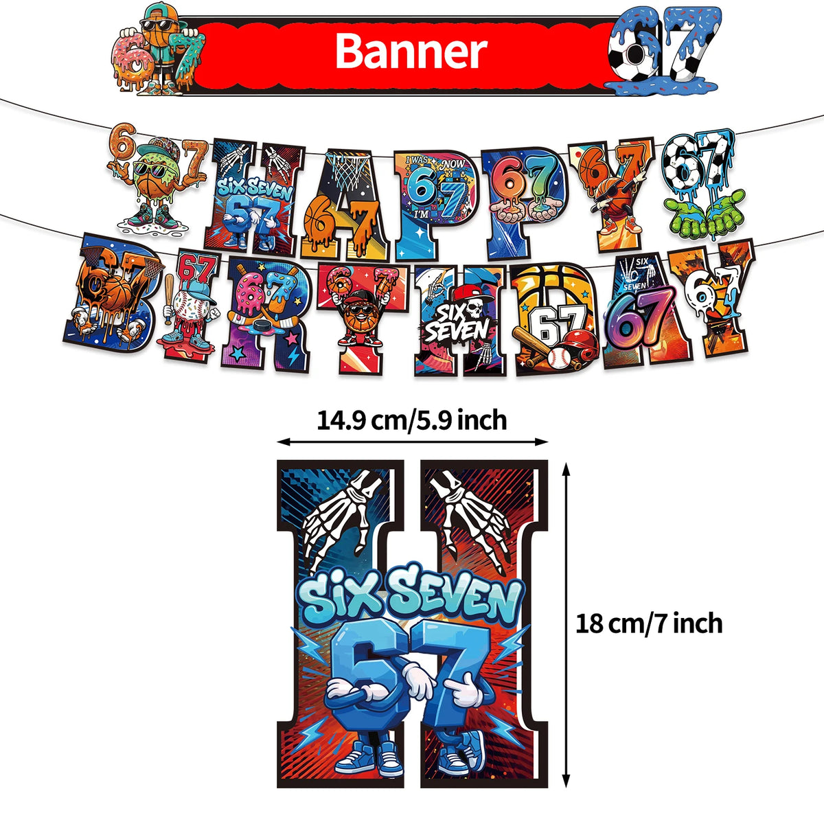 A banner featuring various birthday decorations and a large graphic of the number 67.
