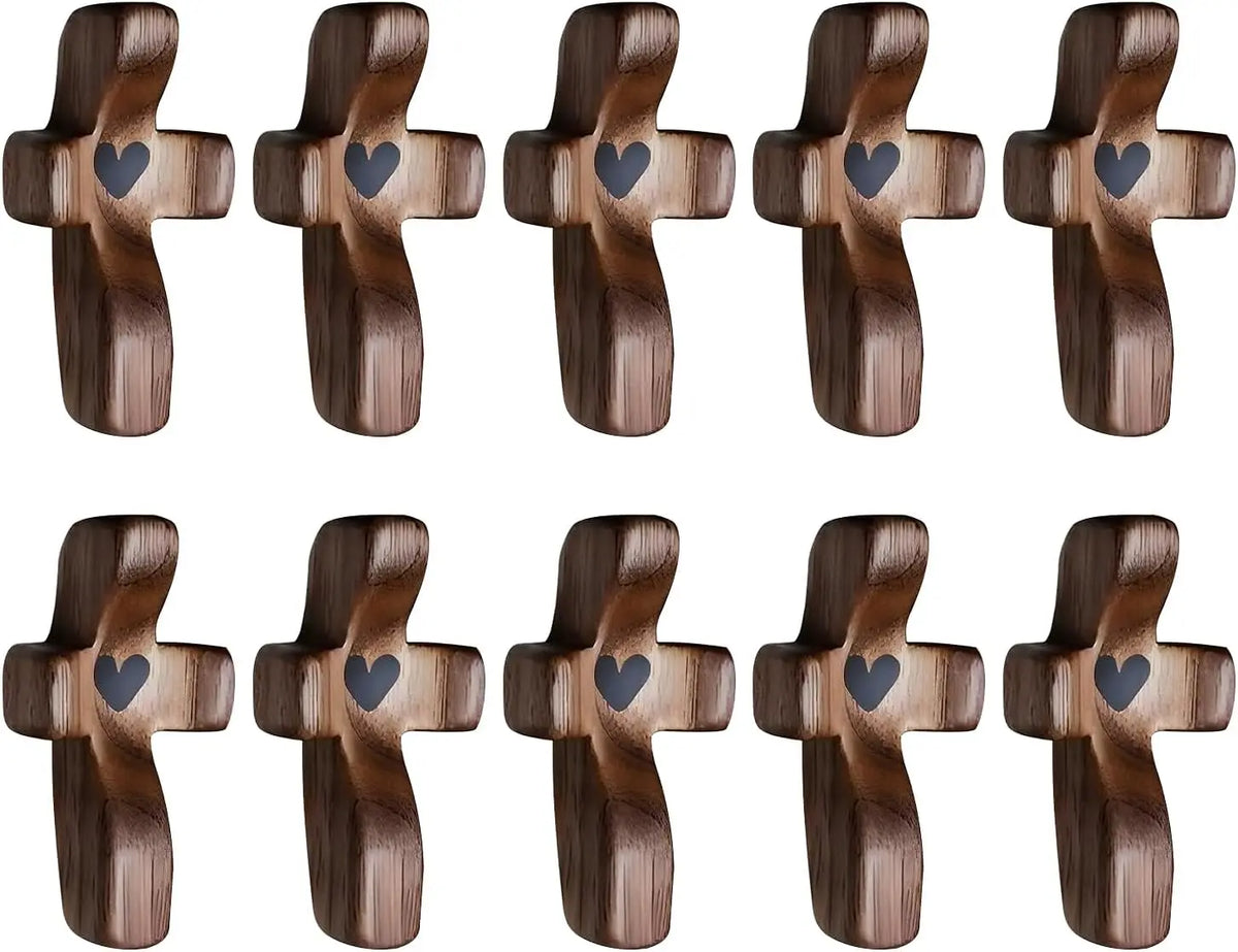 A set of wooden comfort prayer crosses used for anxiety relief.