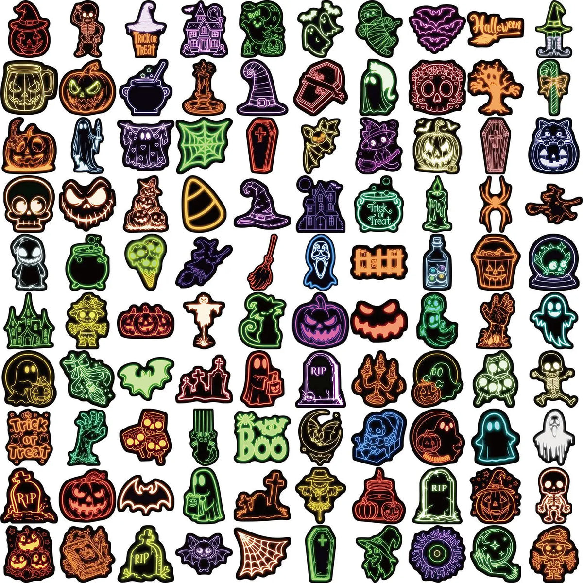 A collection of colorful Halloween-themed graffiti design photo stickers for gadgets.