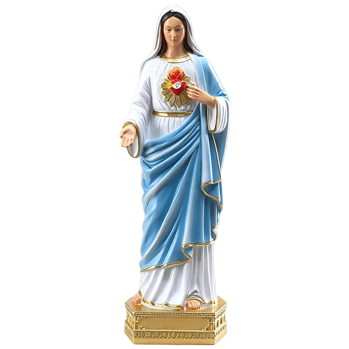 A statue of the Blessed Mother Mary with a white and blue robe holding a rose flower.