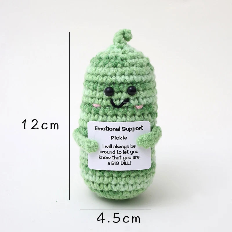 Handmade crochet potato doll in light green with an inspirational card attached