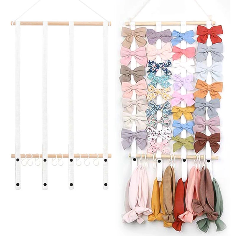 A display of colorful fabric headbands hanging on a wooden rack for girls