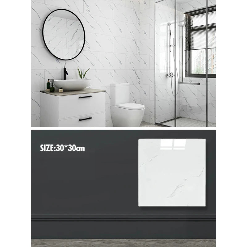 White marble wall decals featuring gray veining in a bathroom setting