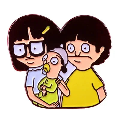 Enamel pin badge featuring a cartoon illustration of two characters.