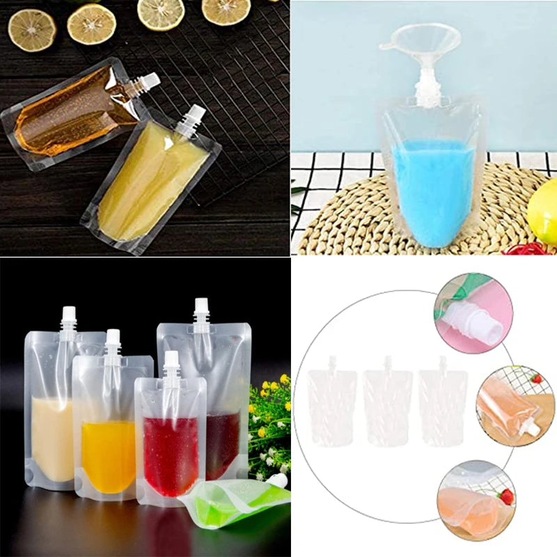 Bolsas reutilizables para beber de viaje con jugos y líquidos de varios colores para hidratación portátil.