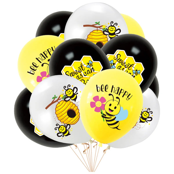 A bunch of black and yellow latex balloons decorated with bees and honeycomb patterns for party use