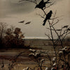 A moody print featuring a black bird perched on a bare branch against a gray, overcast sky.