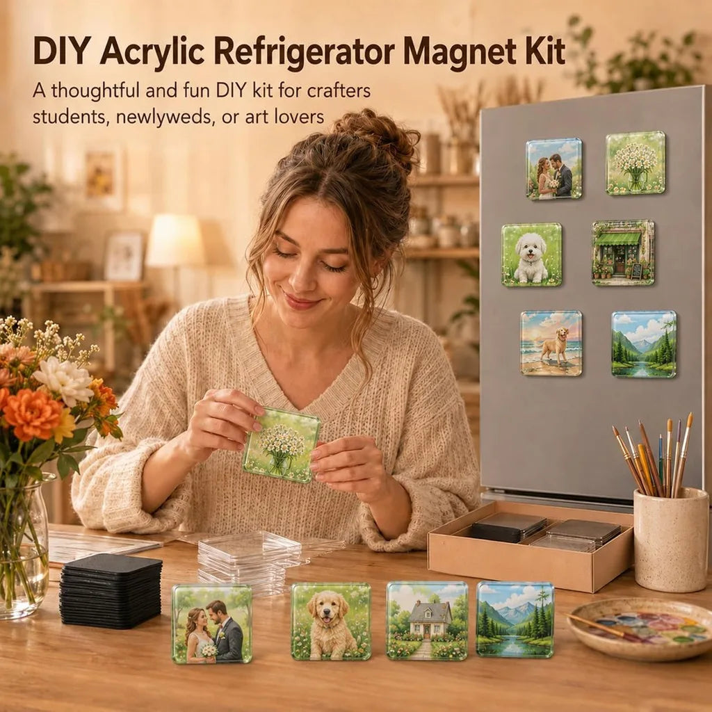 A woman is crafting DIY acrylic refrigerator magnets on a wooden table with various finished and unfinished magnets.