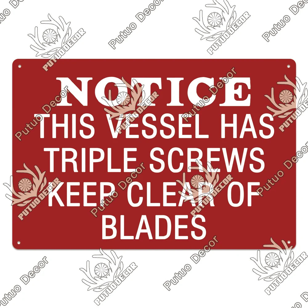 A red vintage warning metal sign with white text that reads Notice this vessel has triple screws keep clear of blades