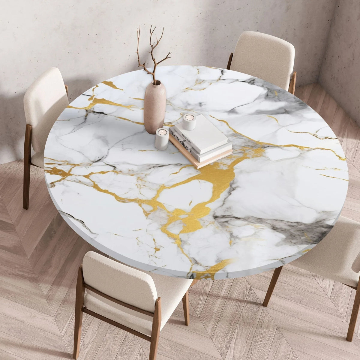 A round marble print tablecloth with gold veining is set on a wooden table surrounded by modern chairs.