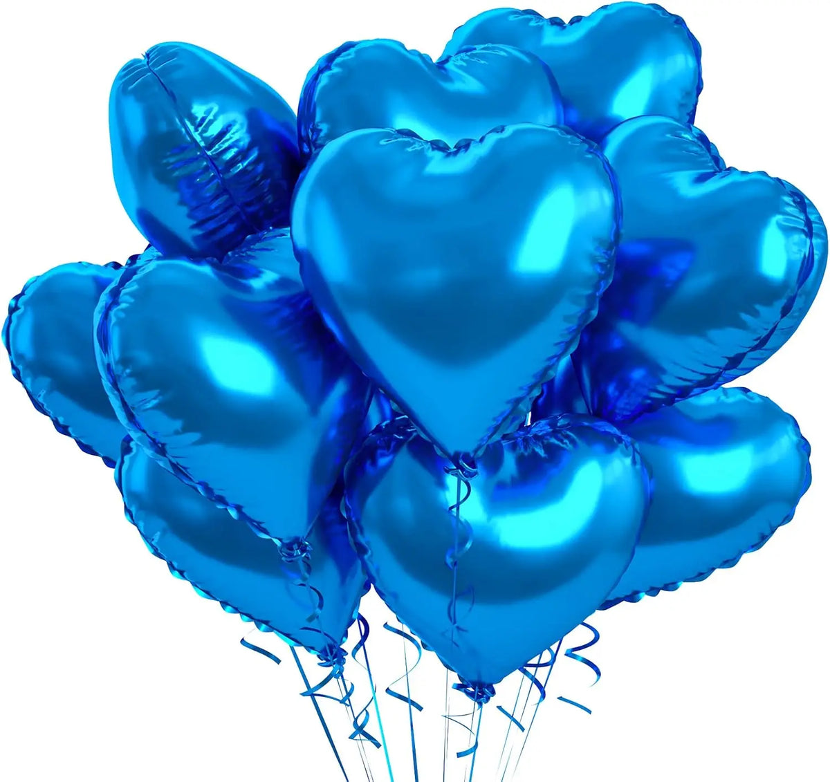 A bunch of shiny blue heart-shaped foil balloons tied together with strings.
