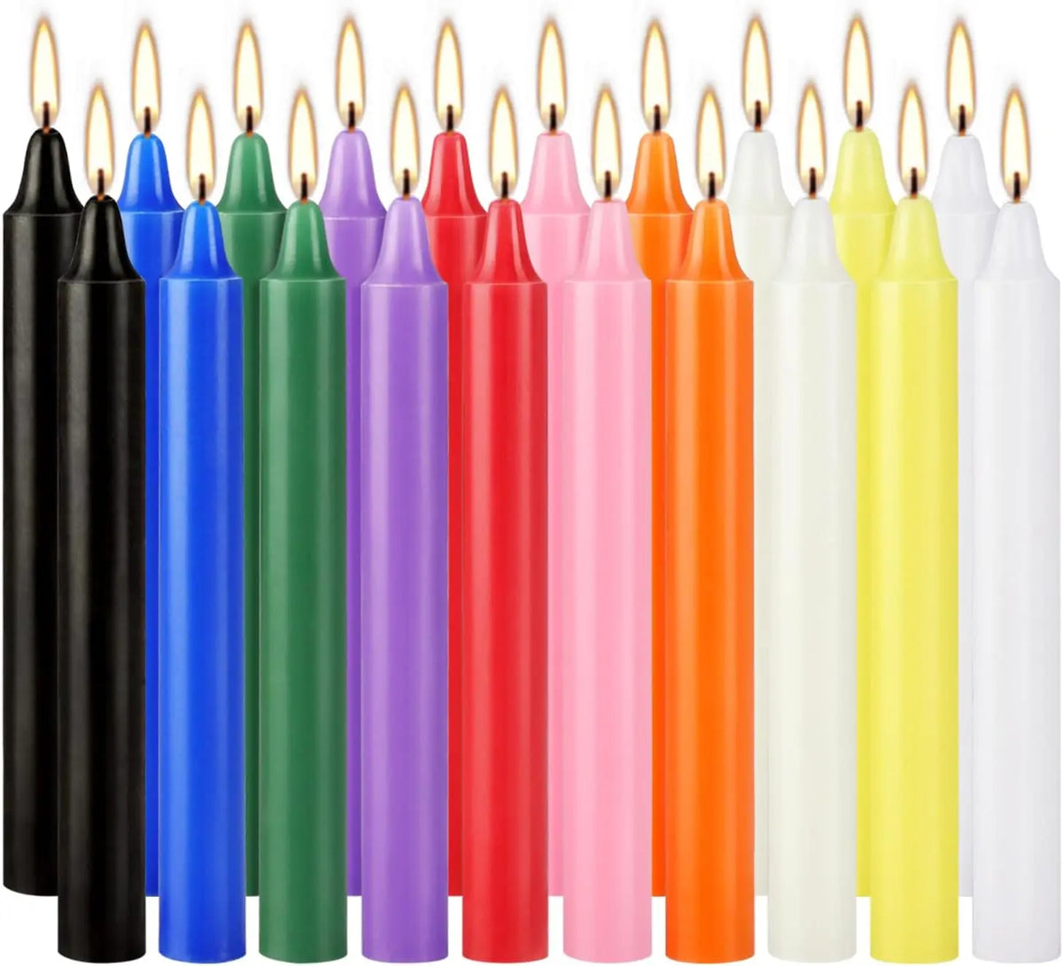 A collection of twenty hand-poured soy wax stick candles in various colors including black, blue, green, purple, red, pink, o