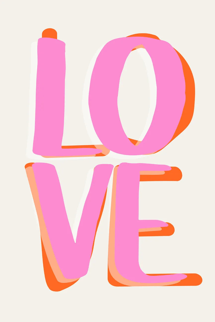 Pink love quote wall art featuring the word LOVE in a stylized, bubbly font with orange accents.