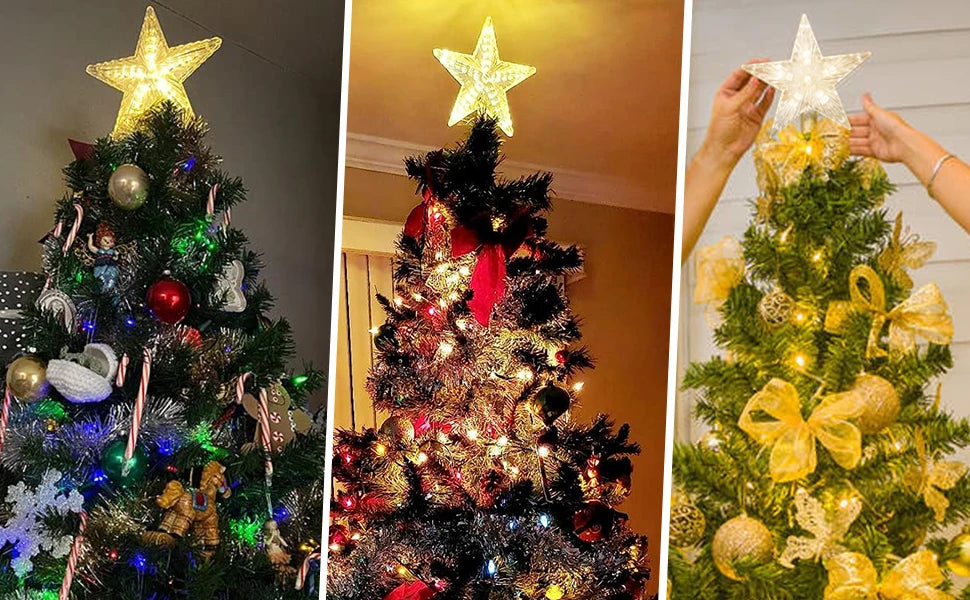 Close-up of a decorated Christmas tree with a glowing star topper and gold ornaments.