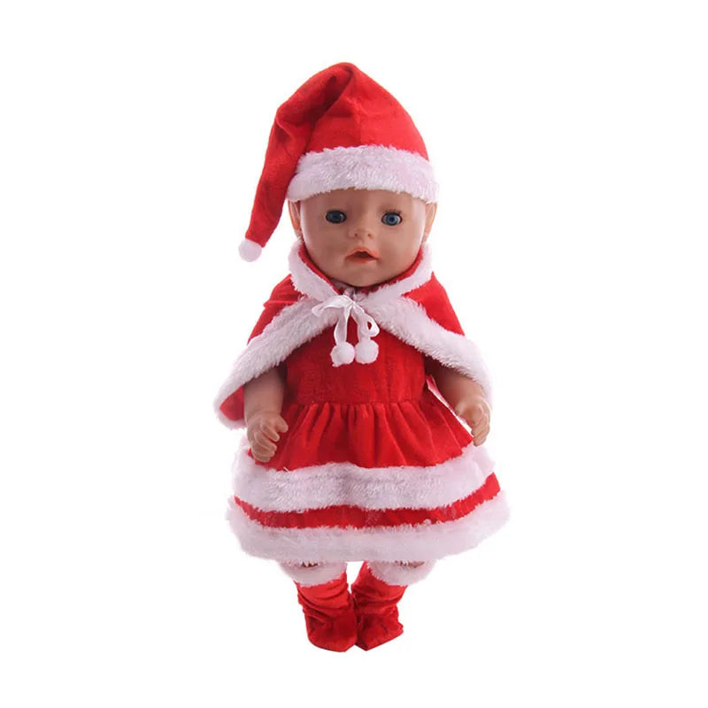 A Christmas doll outfit set featuring a red Santa hat, red dress, and white trim for dolls.