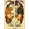 Vintage anime canvas wall art featuring two male characters with dark hair framed by a cross and surrounding skulls