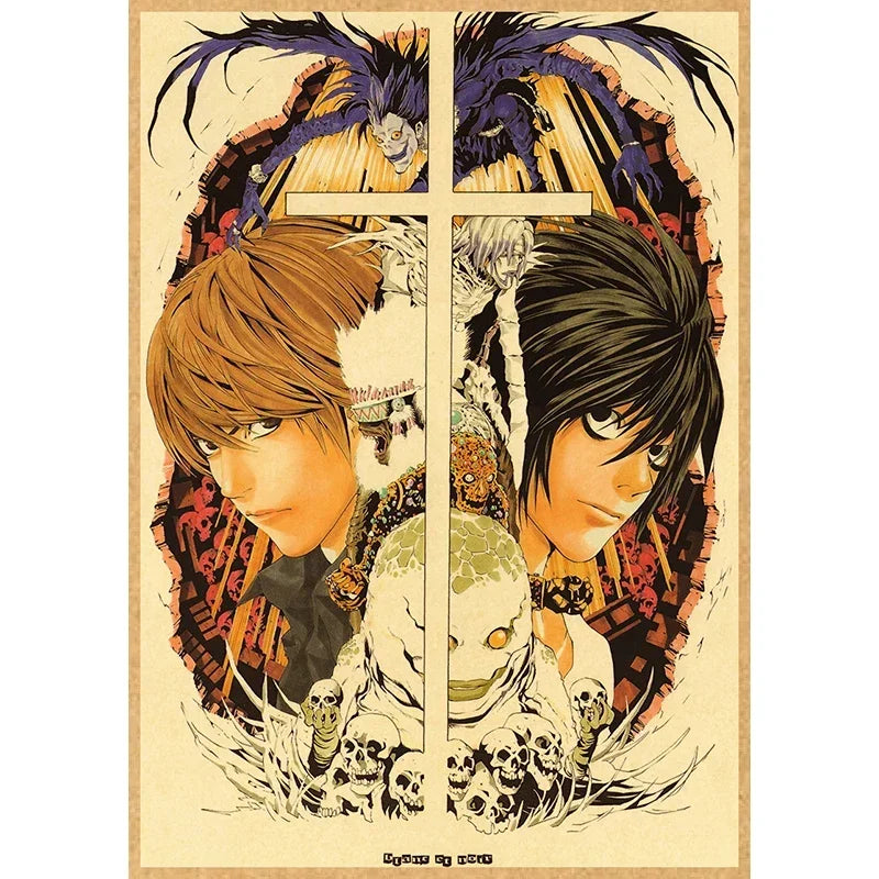 Vintage anime canvas wall art featuring two male characters with dark hair framed by a cross and surrounding skulls