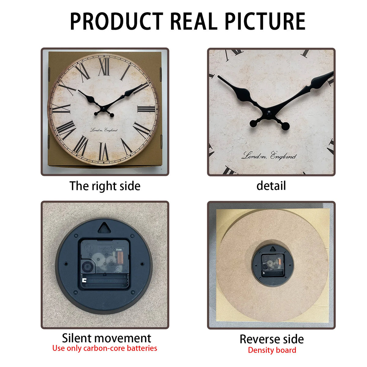 Product real picture showing a round wooden wall clock with Roman numerals, including the right side, detail, silent movement