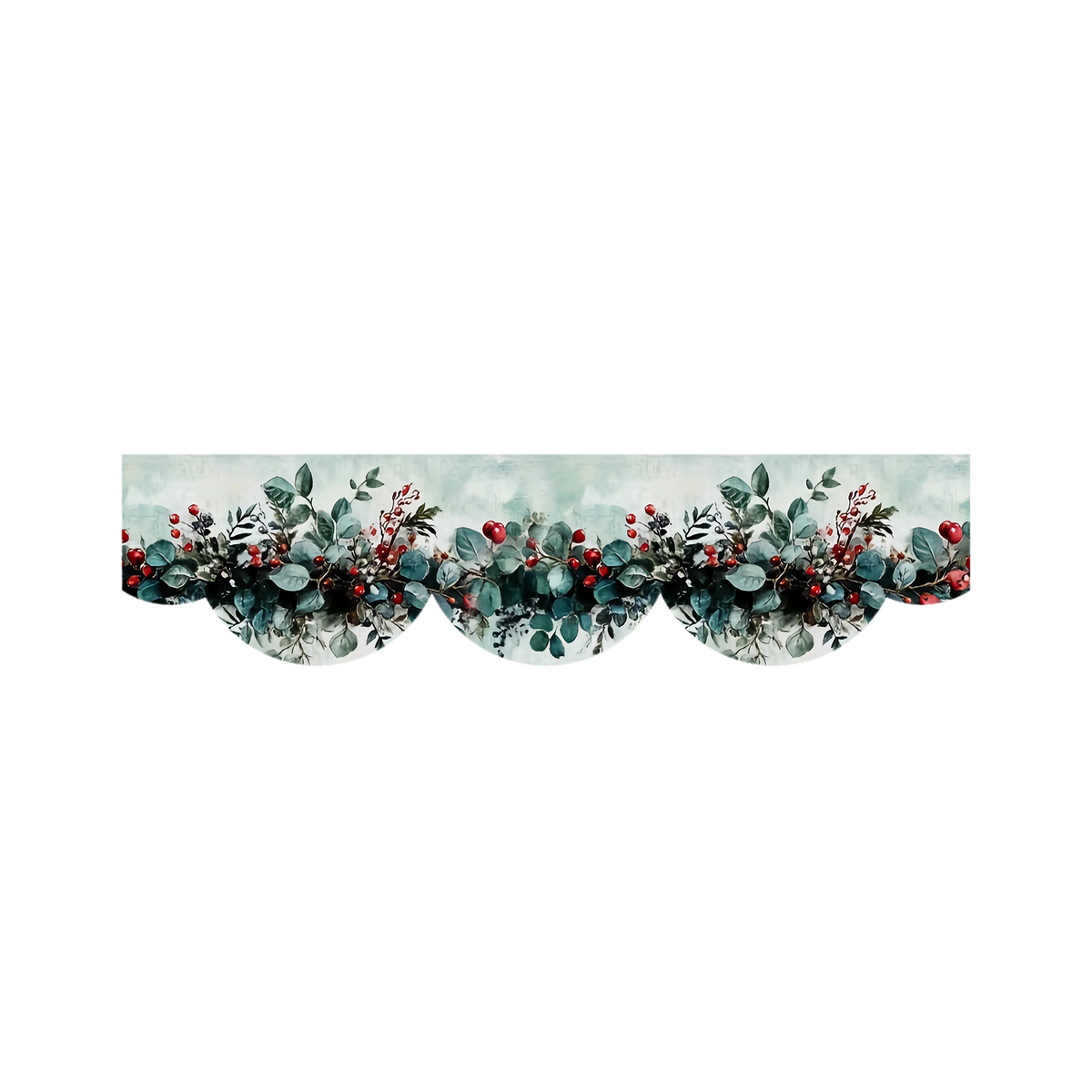 A horizontal print featuring green pine branches and red berries used as a festive Christmas design.