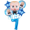 Blue balloons featuring baby figures and a large blue number 7 for a Baby Boss themed party