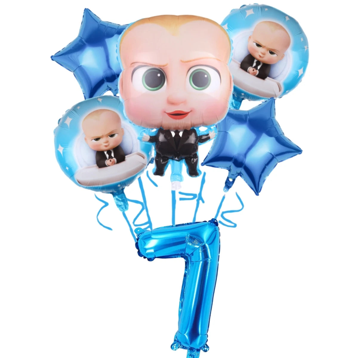 Blue balloons featuring baby figures and a large blue number 7 for a Baby Boss themed party