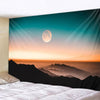 A tapestry featuring a sunset sky with a bright moon and silhouetted mountain ranges.